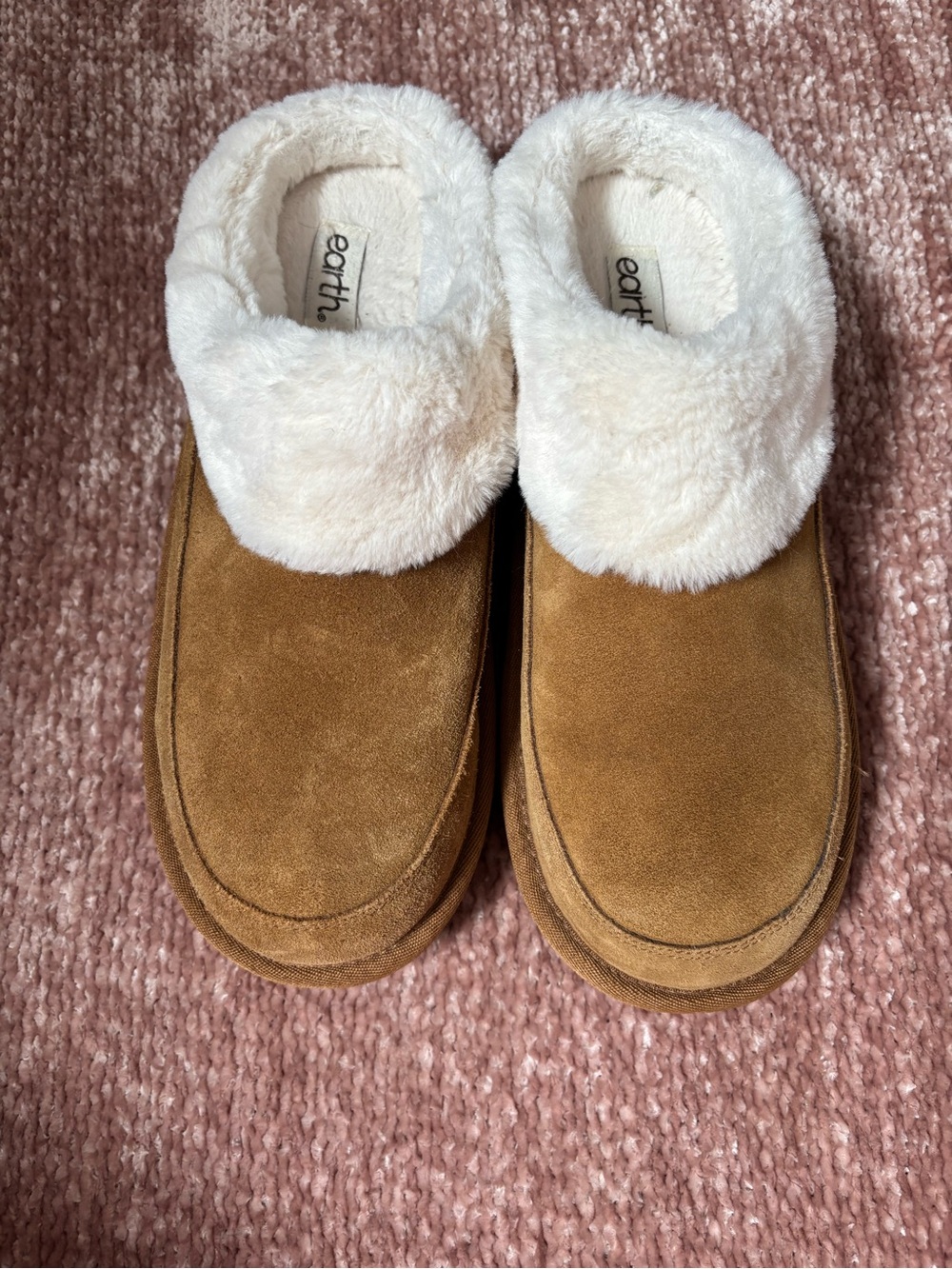 Earthies Tan Suede Slip-On Shearling Clog Slippers